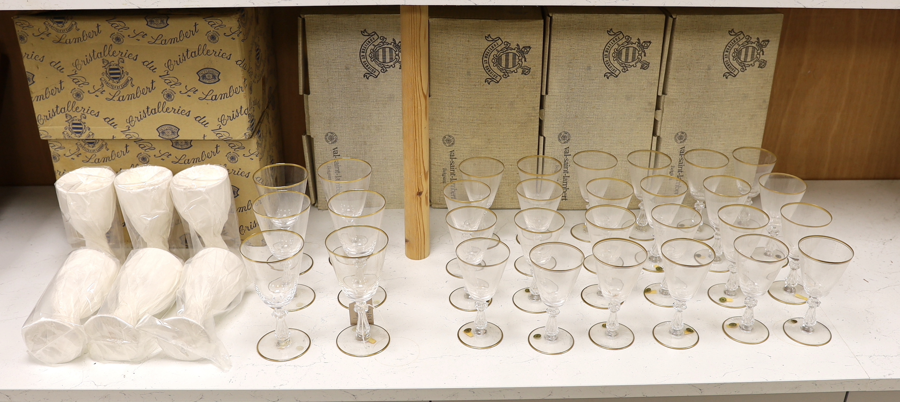 A Val St. Lambert thirty six piece suite of Crown pattern glassware with six boxes, largest each 17cm high